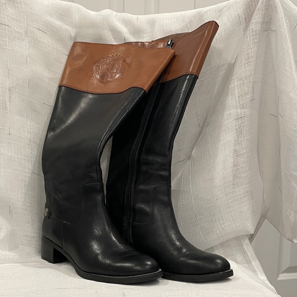 Franco Sarto Black and Tan Over the Knee Boots